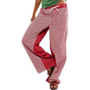 Women Y2k Red Striped Wide Leg Pants Baggy Drawstring Jeans Trendy Low Rise